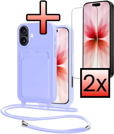 Hoes Geschikt voor iPhone 17 Hoesje Pasjeshouder Cover Met Koord Case Siliconen Hoes Met Telefoonkoord en Kaarthouder Met 2x Screenprotector - Lila