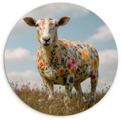 WallCircle® Wandcirkel 120x120 cm - Muurcirkel Schaap - Bloemen - Weide - Muurdecoratie woonkamer - Wanddecoratie slaapkamer - Kamer decoratie accessoires - Ronde schilderijen XXL