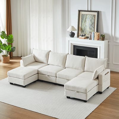 MIVRAY U-bank 289,6 cm - Modulair 2-in-1 Ontwerp Met Opbergruimte En Slaapfunctie - 6-Zits Voor Woonkamer - Chenille Beige