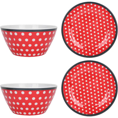 4 Stuks Saladeschaal Set Rode Stippen Imitatie Porseleinen Bord Fruit Voedsel Taartschaal Eetgerei voor Keuken
