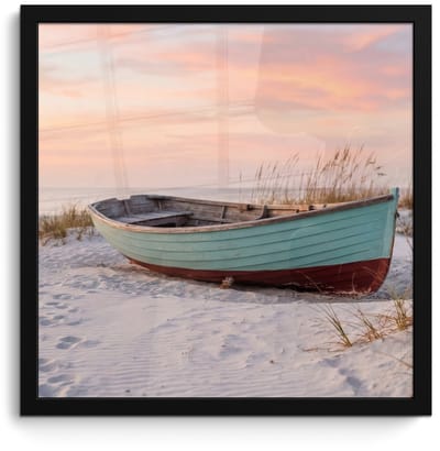 Poster in lijst - Fotolijst 40x40 cm - Posters - Rustiek - Roeiboot - Zandstrand - Posterlijst zwart - Decoratie - Wanddecoratie woonkamer - Muurdecoratie slaapkamer