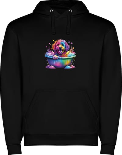 Zwarte unisex hoodie met “Kleurrijke hond in bad“ Print Full Color merk Roly maat S