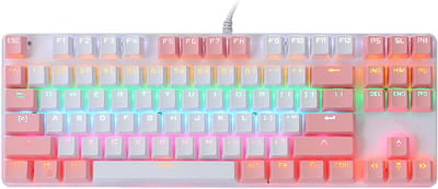 Mechanisch Toetsenbord 87 Toetsen met RGB Verlichting - K100 Ergonomisch Gaming & Kantoormodel voor Desktop & Laptop (Bekabeld USB) - Stijl: Roze met Wit