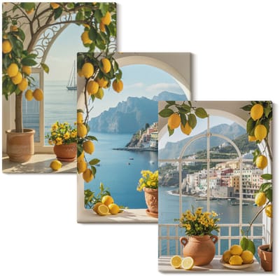 Wallfluent Set van canvas schilderijen - Citroenen en bloemen in potten in een kustplaats Canvas Schilderijen Set - set 3 stuks 20x30 cm - Blauw Set van Canvas Prints - Landschappen Canvas Kunst Set - Boheemse Canvas Kunst Set