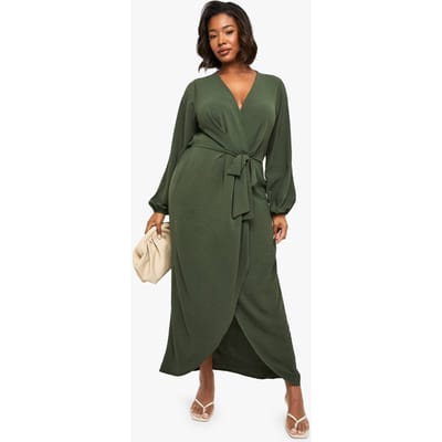 boohoo Dames Plus Textured Tie Detail Maxi Jurk | Olijf | Maat: 44