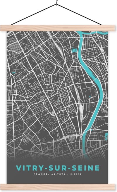Posterhanger incl. Poster 40x60 cm - Schoolplaat - Vitry-sur-Seine - Frankrijk - Plattegrond - Kaart - Stadskaart - Textielposter - Blanke latten - Stadskaart