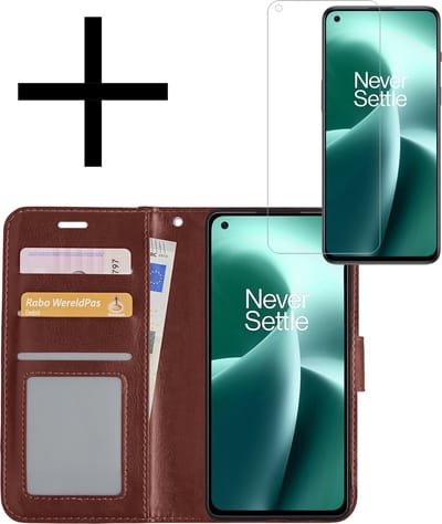 Hoesje - Met Screenprotector - Geschikt voor OnePlus Nord 2T - Luxe Pasjeshouder - Bookcase Portemonee - Flip Case - Kunstleer Book Case - Flipcase - Book Cover - Walletcase - Portemonneehoes - Bruin