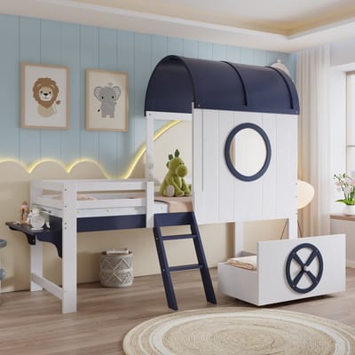 Stapelbedden - 90x200cm - Halfhoog Kinderbed Met Dak En Raam - Onderlade Op Rollen - Praktische 2-Traps Schuine Ladder - Kiefer + MDF + Multiplex - Wit + Donkerblauw