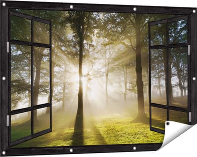 Gards Tuinposter Doorkijk Zon tussen de Bomen - 120x80 cm - Tuindoek - Tuindecoratie - Wanddecoratie buiten - Tuinschilderij