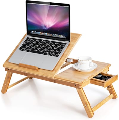 COSTWAY Bamboe Laptoptafel, inklapbaar, notebooktafel, in hoogte verstelbaar, kantelbaar en geventileerd, laptop met lade, opvouwbare bedtafel voor lezen, ontbijt, 53 x 33 x 20-26,5 cm, naturel