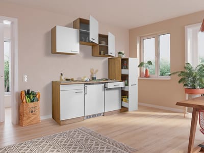 Goedkope keuken 180  cm - complete kleine keuken met apparatuur Luis - Eiken/Grijs - elektrische kookplaat  - koelkast          - mini keuken - compacte keuken - keukenblok met apparatuur