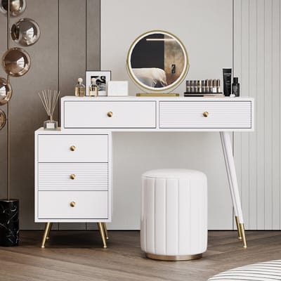DESMIU Make-uptafel Met Verstelbare Opbergkast En LED Spiegel Voor Slaapkamer En Kleedruimte Van Wit Spaanplaat 100x40x78 Cm