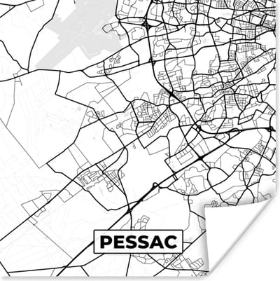 Poster Kaart - Stadskaart - Pessac - Frankrijk - Plattegrond - Zwart wit - 100x100 cm XXL