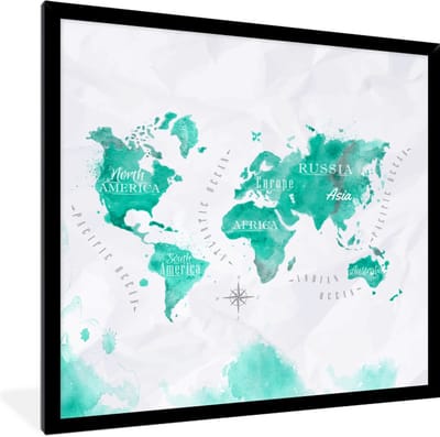Poster in lijst - Fotolijst 40x40 cm - Posters - Waterverf - Wereldkaart - Turquoise - Posterlijst zwart - Decoratie - Wanddecoratie woonkamer - Muurdecoratie slaapkamer