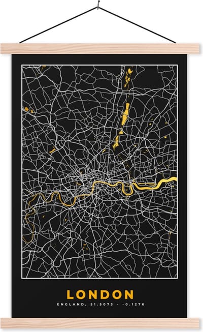 Posterhanger incl. Poster 40x60 cm - Schoolplaat - Londen - Stadskaart - Plattegrond - Goud - Kaart - Textielposter - Blanke latten - Stadskaart