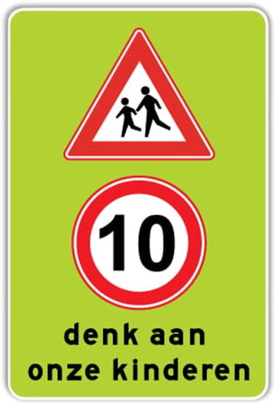 Bord denk aan onze kinderen - Weerbestendig Aluminium - 30x45 cm - Bevestiging: Zonder bevestiging (alleen het bord)