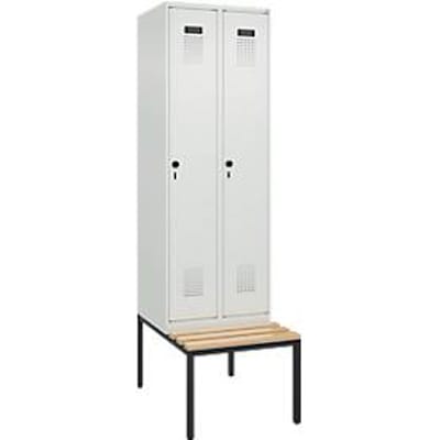 C+P Evolo Plus garderobekast, 2 vakken van elk 300 mm breed, bankje eronder, B 600 x D 815 x H 2120 mm, draaigrendel, lichtgrijs/lichtgrijs