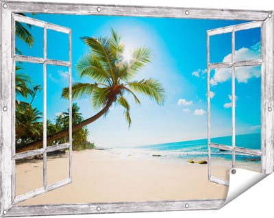 Gards Tuinposter Doorkijk Tropisch Strand en Zee in Sri Lanka - 120x80 cm - Tuindoek - Tuindecoratie - Wanddecoratie buiten - Tuinschilderij