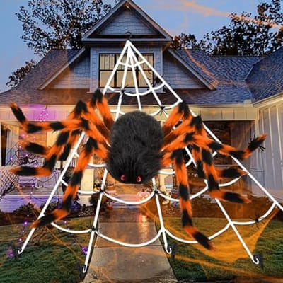 Halloween Spinnenwebdecoratie Set - 1,5 m Reuzenspin en 5 m Driehoekig Spinnenweb voor Binnen en Buiten