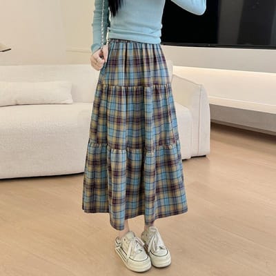 Blauw Geruit Taartrok Dames Lente en Herfst Nieuw High-waisted A-lijn Paraplu Rok, Dunne Japanse Midi- en Lange Rok M gray