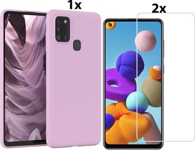 Hoesje Geschikt Voor Samsung Galaxy A21s Hoesje Soft Nano Silicone Backcover Gel Lila Paars Met 2x Glazen Screenprotector