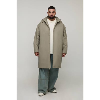 Plus Regular Fit Button Through Hooded Mac | Stone | Size 2XL