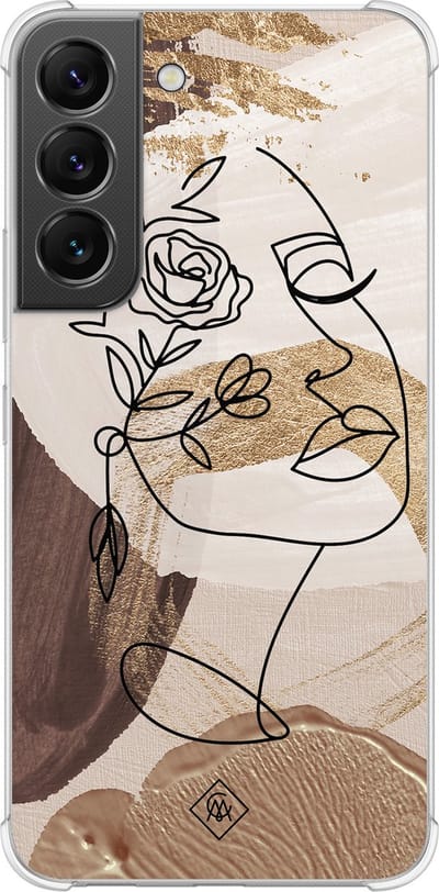 Casimoda® hoesje - Geschikt voor Samsung Galaxy S22 - Abstract Gezicht Bruin - Shockproof case - Extra sterk - TPU/polycarbonaat - Bruin/beige, Transparant