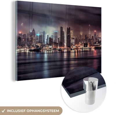 MuchoWow® Glasschilderij 120x80 cm - Schilderij acrylglas - New York - Storm - Skyline - Foto op glas - Schilderijen