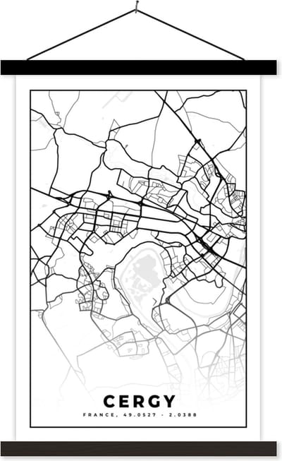 Posterhanger incl. Poster 40x60 cm - Schoolplaat - Frankrijk - Kaart - Cergy - Plattegrond - Stadskaart - Zwart wit - Textielposter - Zwarte latten - Stadskaart