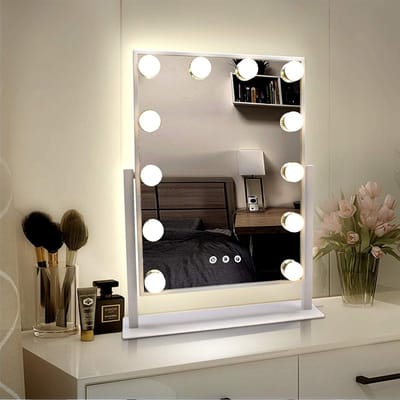 YOR® Hollywood Make Up Spiegel met Verlichting - Holywood – Visagie – 48 x 36,5 cm - Met Rand – 12 Dimbare Led Lampen Met 3 Kleuren - 360 graden rotatie – Wit- 37cm x 3cm x 48cm