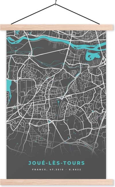 Posterhanger incl. Poster 40x60 cm - Schoolplaat - Joué-lès-Tours - Frankrijk - Plattegrond - Kaart - Stadskaart - Textielposter - Blanke latten - Stadskaart