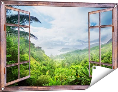 Gards Tuinposter Doorkijk Jungle Uitzicht op de Seychellen - 90x60 cm - Tuindoek - Tuindecoratie - Wanddecoratie buiten - Tuinschilderij