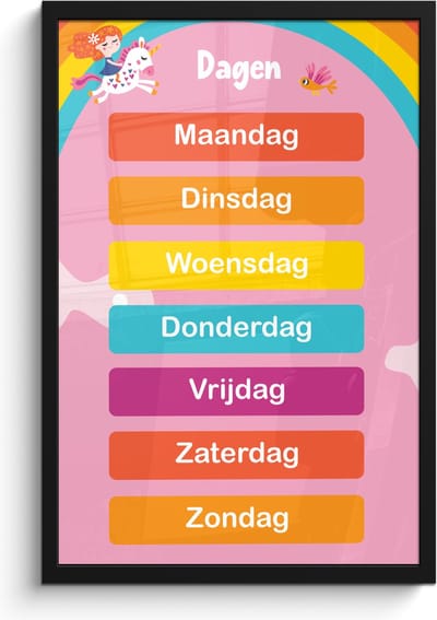 Poster in lijst - Fotolijst 40x60 cm - Posters - Dagen van de week - Educatief - Leren voor kinderen - Roze - Posterlijst zwart - Kamer decoratie - Wanddecoratie kinderkamer - Muurdecoratie babykamer