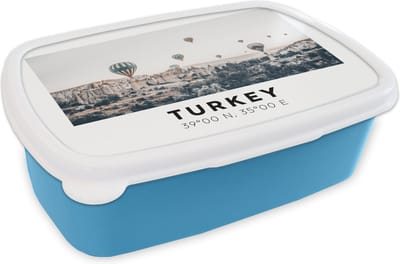 Broodtrommel Blauw - Lunchbox - Brooddoos - Turkije - Cappadocië - Luchtballon - Bergen - 18x12x6 cm - Kinderen - Jongen