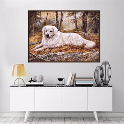 Peinture Diamant Animal Point de Croix Forage Complet Diamants Ronds Broderie Chien Mignon dans Forêt Décor 20X30CM gray