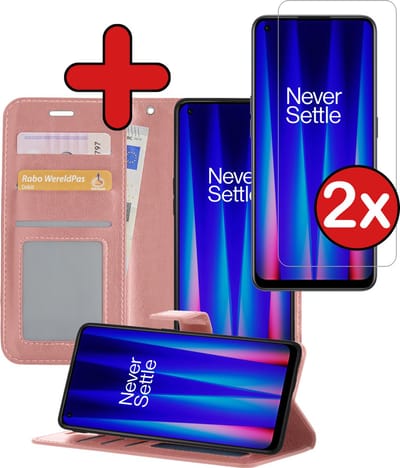 Hoesje - Met 2x Screenprotector - Geschikt voor OnePlus Nord CE 2 - Luxe Pasjeshouder - Flip Case - Bookcase Portemonee - Kunstleer Book Case - Flipcase Hoes - Book Cover - Walletcase - Portemonneehoes - Telefoonhoes - Rosé goud