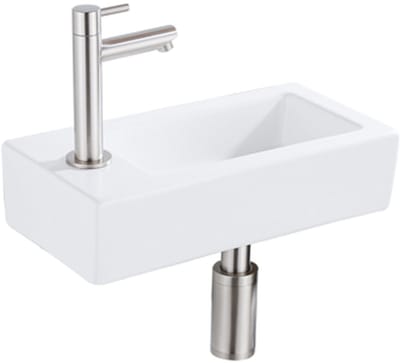 QeramiQ Fuente Fonteinset - 37.5x18.5x9cm - keramiek - kraangat links - fonteinkraan geborsteld RVS - afvoerplug - verlaagd sifon - Mat wit