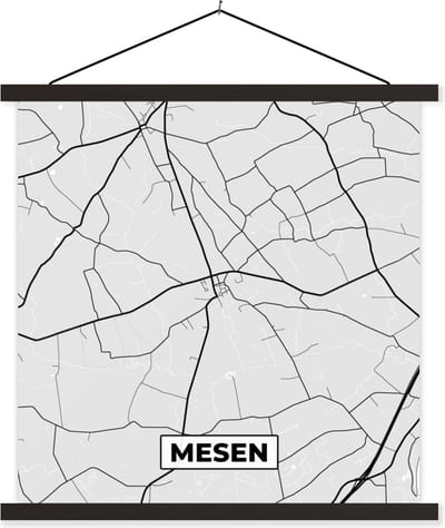 Posterhanger incl. Poster 60x60 cm - Schoolplaat - België – Mesen – Stadskaart – Kaart – Zwart Wit – Plattegrond - Textielposter - Zwarte latten - Stadskaart