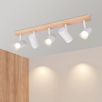 NETTLIFE Opbouwspot GU10 - Hout - 5-Lichts - wit - Retro - Metalen Plafondspot - Draaibaar 350° Plafondlamp - voor Woonkamer | Slaapkamer | Keuken - Max.25W-excl. lichtbron