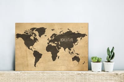 Aluminium schilderij 30x20 cm - Wanddecoratie metaal - Wereldkaart - Quote - Vintage - Metalen muurdecoratie woonkamer - Decoratie industrieel - Foto op dibond - Industriële accessoires slaapkamer