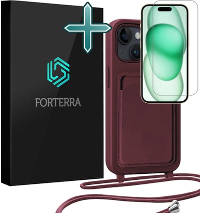 Hoesje Geschikt voor iPhone 15 Plus Pashouder Case Siliconen Hoes Met Koord Met Screenprotector - Hoes Geschikt voor iPhone 15 Plus Met Telefoonkoord Hoesje Back Cover Met Pasjeshouder - Aubergine