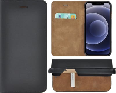 iPhone 12 hoesje - Bookcase - Portemonnee Hoes Ultra dun Echt leer Wallet case Zwart
