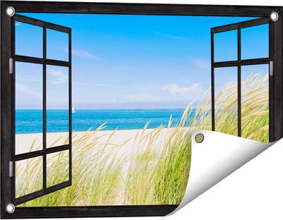 Gards Tuinposter Doorkijk Strand en Zee met een Zeilboot - 60x40 cm - Tuindoek - Tuindecoratie - Wanddecoratie buiten - Tuinschilderij