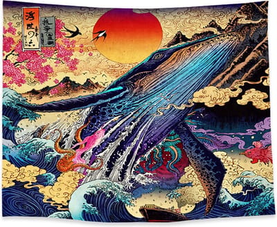 Wandkleed binnen - Wandtapijt - Natuur - Walvis - Kunst - Japan - Muurkleed - Wanddoek Stof - 200 x 150 cm - Wanddecoratie - Poster - Ulticool - Decoratie - Woonkamer - Slaapkamer - Tiener - Jongen - Meisje
