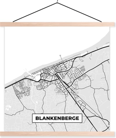 Posterhanger incl. Poster 40x40 cm - Schoolplaat - Kaart – Plattegrond – Stadskaart – Blankenberge – België – Zwart Wit - Textielposter - Blanke latten - Stadskaart