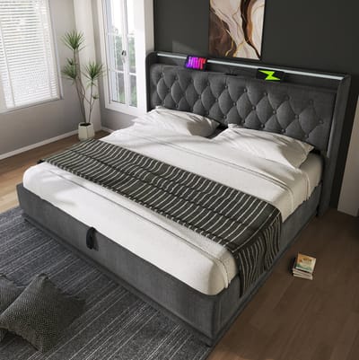 MEUNIQ gestoffeerd tweepersoons bedframe 160x200 cm met 360° LED-verlichting, USB en Type-C, hydraulische opbergruimte, lattenbodem en hoofdbord, grijs