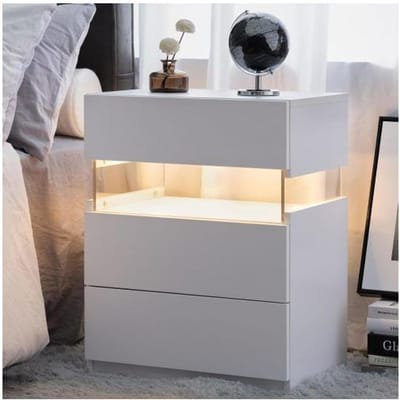 LED Nachtkastje - MUVOE - 3 Lades - Acryl Paneel - Meerkleurige Verlichting - Wit wit