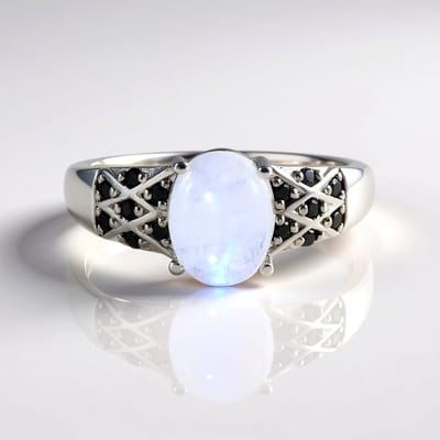 Cavill - Regenboog Maansteen Ring 2,13 ct en 14 Zwarte Spinellen 0,16 ct - 925 Sterling Zilver Geplatineerd - Elegante Ovale Cabochon Pavé Damesring