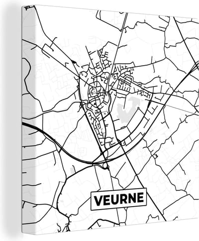 Canvas Schilderij Zwart Wit – België – Plattegrond – Stadskaart – Kaart – Veurne - 20x20 cm - Wanddecoratie