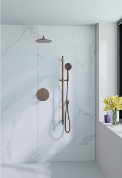 FugaFlow Eccelente Acces Inbouw Regendoucheset - rond - thermostatisch - wandarm - glijstang - 25cm hoofddouche - ronde handdouche - gladde slang - Geborsteld koper PVD (Koper)